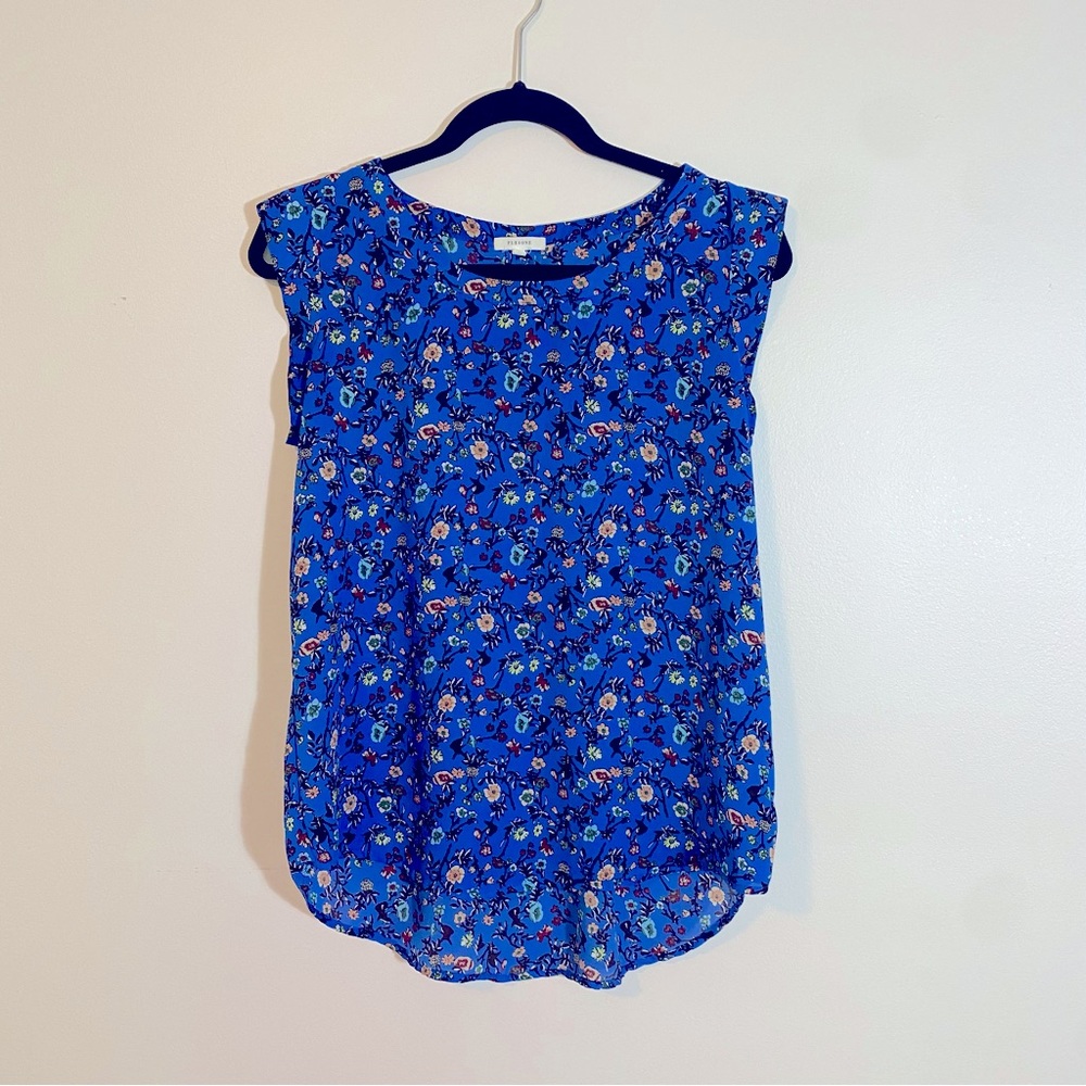 Pleione Women Top Size Small Bailey Double Pleat Blue Floral Blouse Pullover